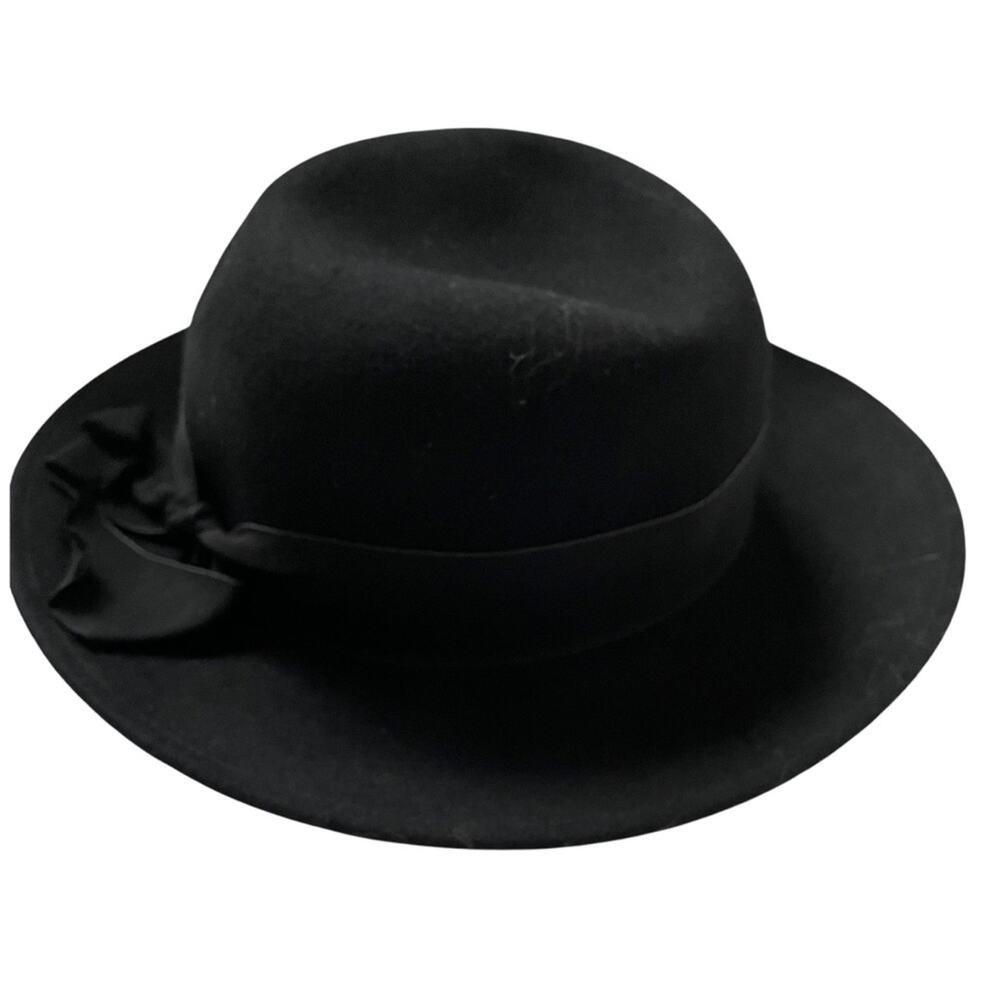 Vintage Felted Wool Cloche Hat Ribbon Bow Trim Made in Italy Black EUC